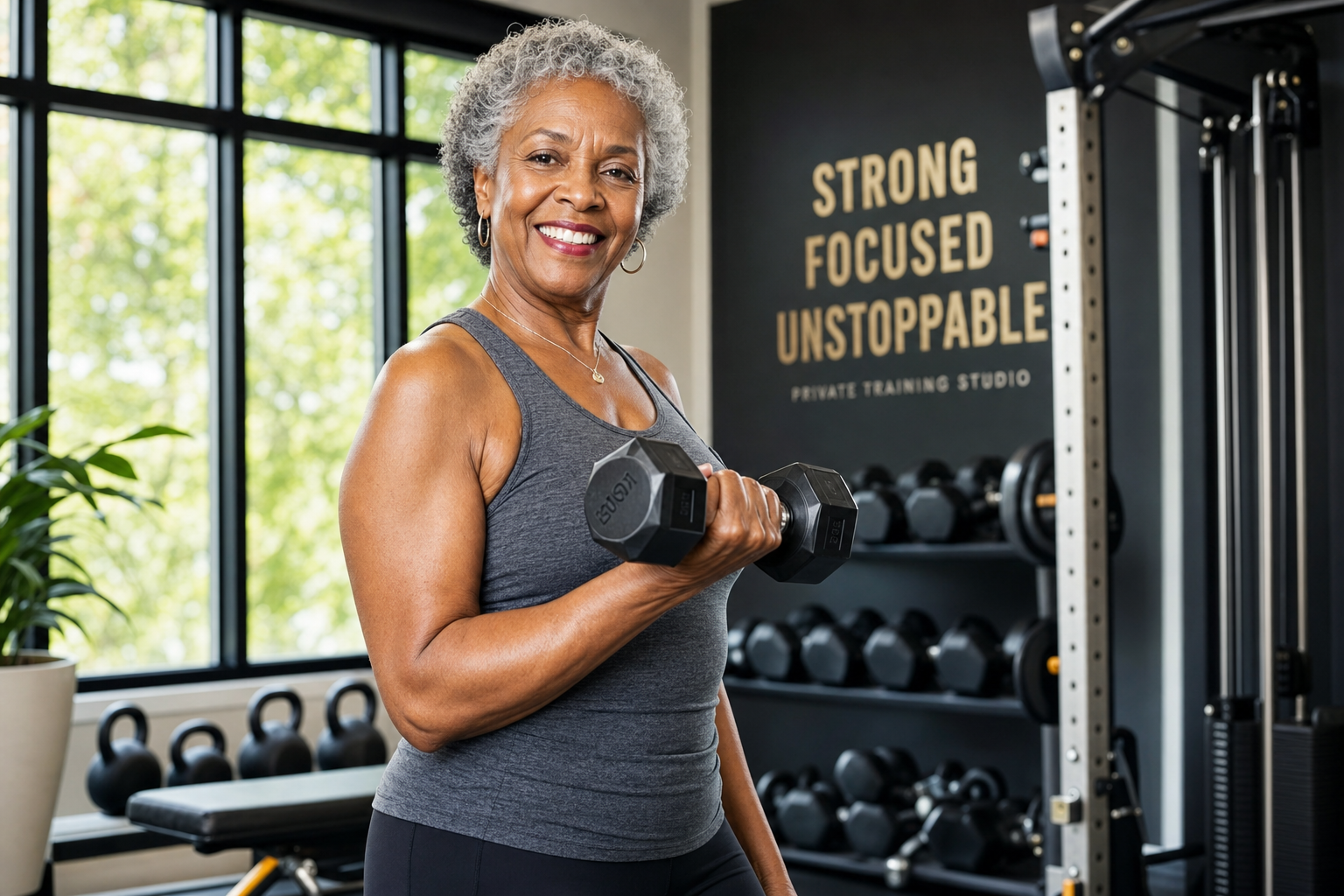 A confident older woman performing a dumbbell curl in a bright private training studio
