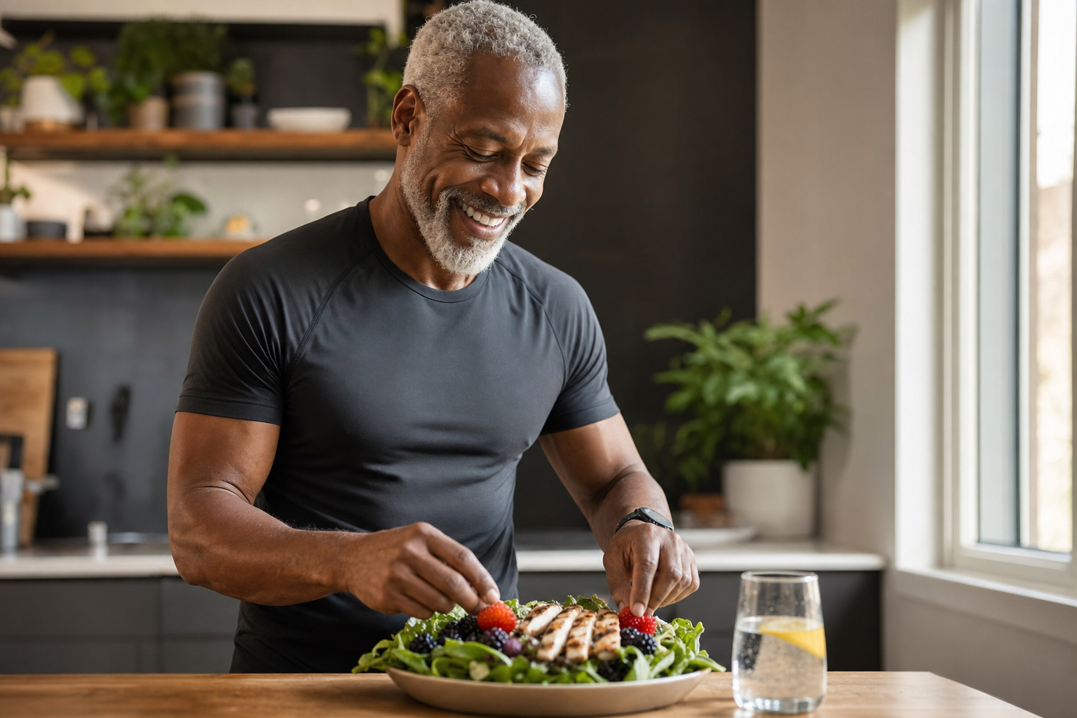 An active older adult preparing a colorful, protein-rich meal in a bright kitchen