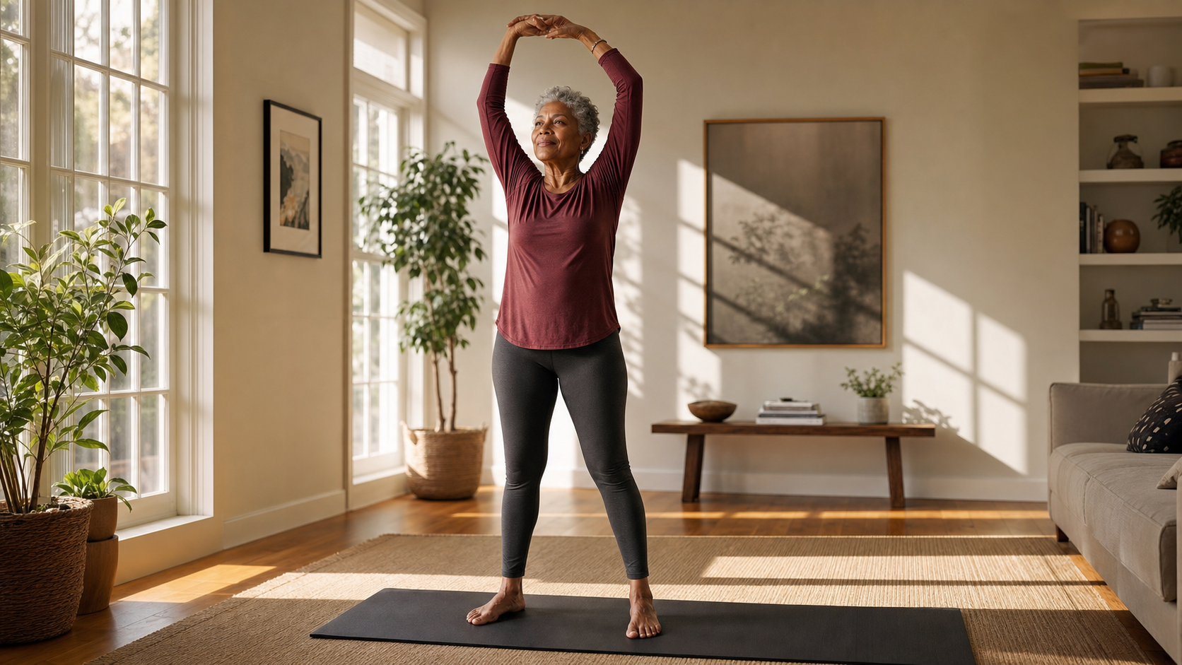 An active adult over 60 doing a gentle hip flexor stretch in a bright, private training studio